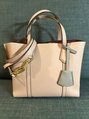 Tory Burch Tote Bag in Blush Pink with Gray Accent, maroon inside lining